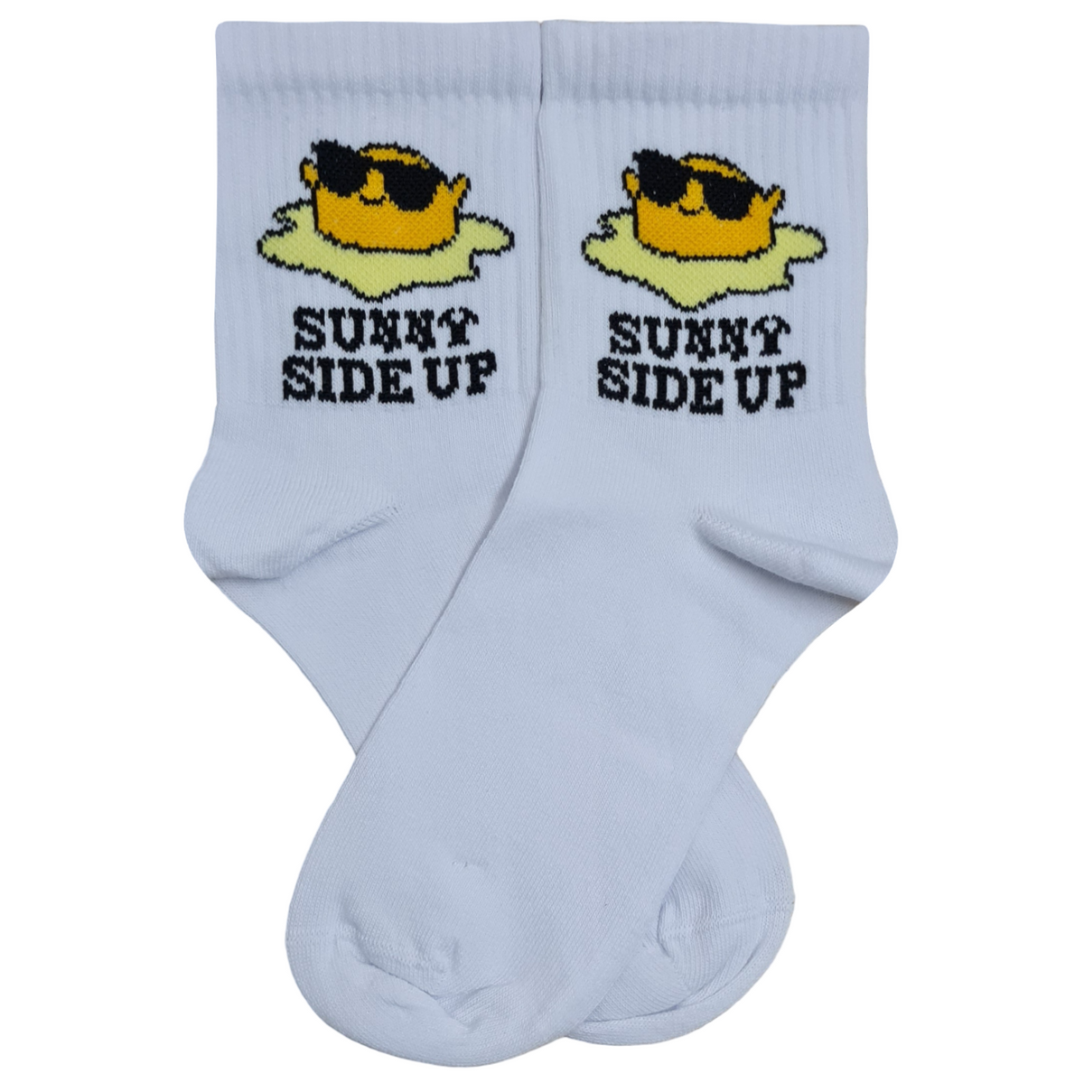 White quarter crew socks featuring a cartoon fried egg wearing sunglasses with the text SUNNY SIDE UP printed below it.