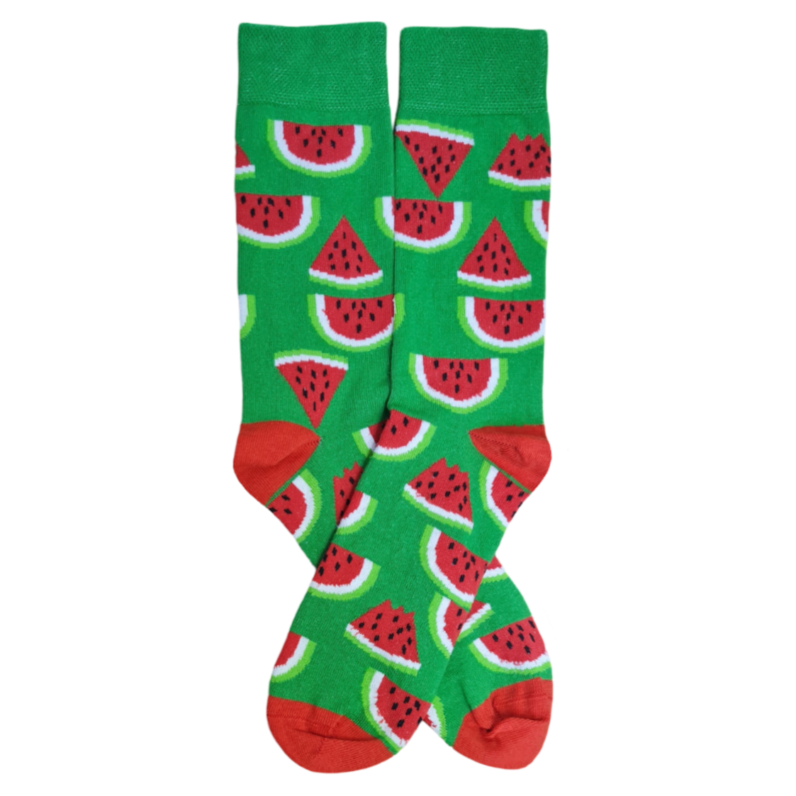 A pair of green socks with vibrant red watermelon patterns and slices of watermelon on them.