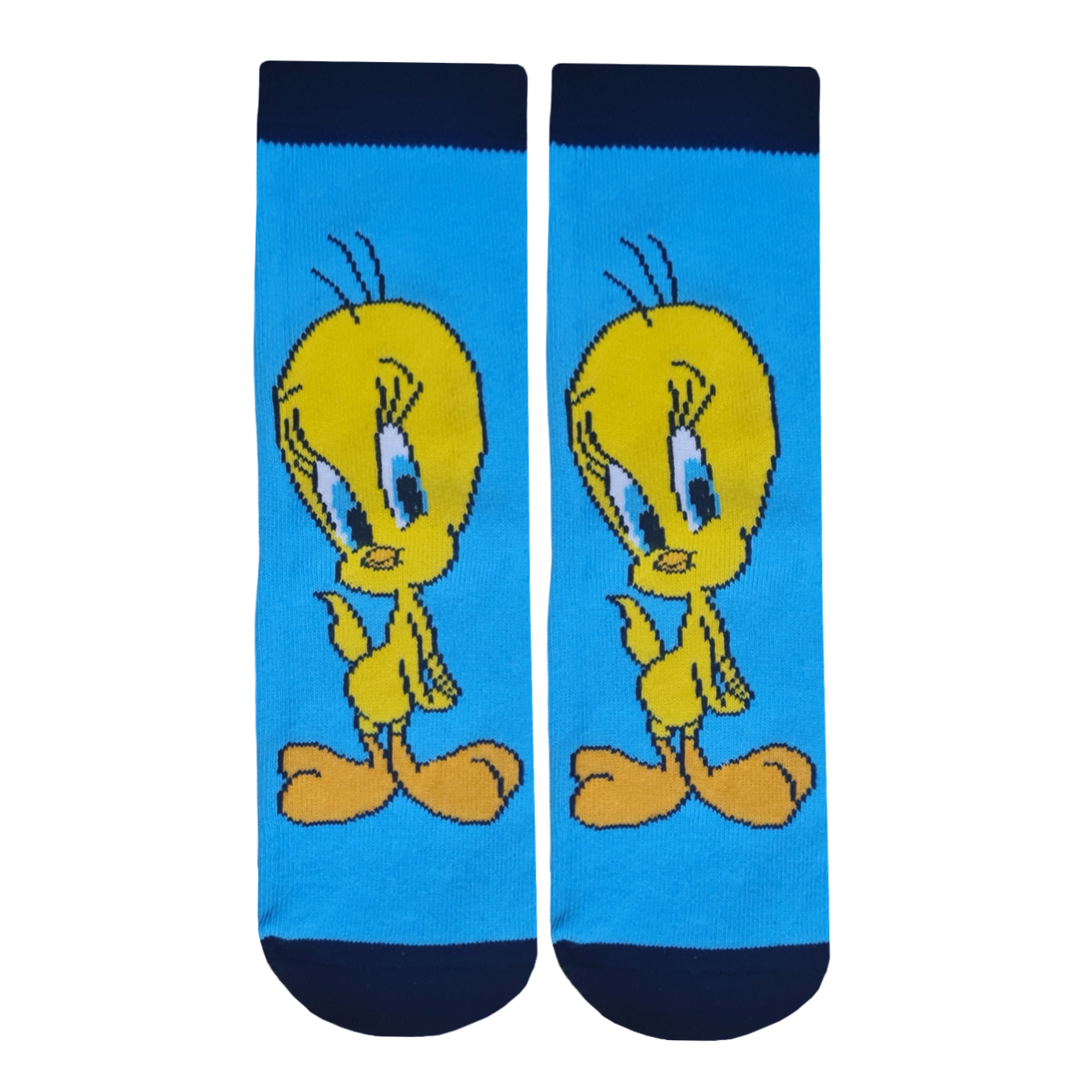 Pair of socks with a cartoon character on a blue background