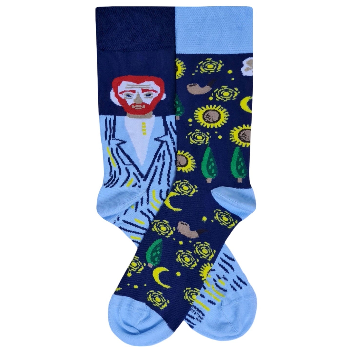 A pair of mismatched socks with one side featuring a character illustration and the other with a pattern of sunflowers and moons.