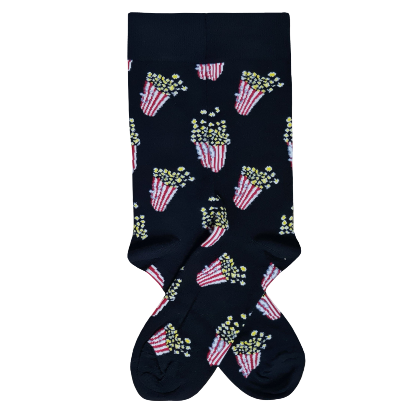 Pair of black crew socks featuring a repeating pattern of red and white striped popcorn buckets overflowing with yellow popcorn.