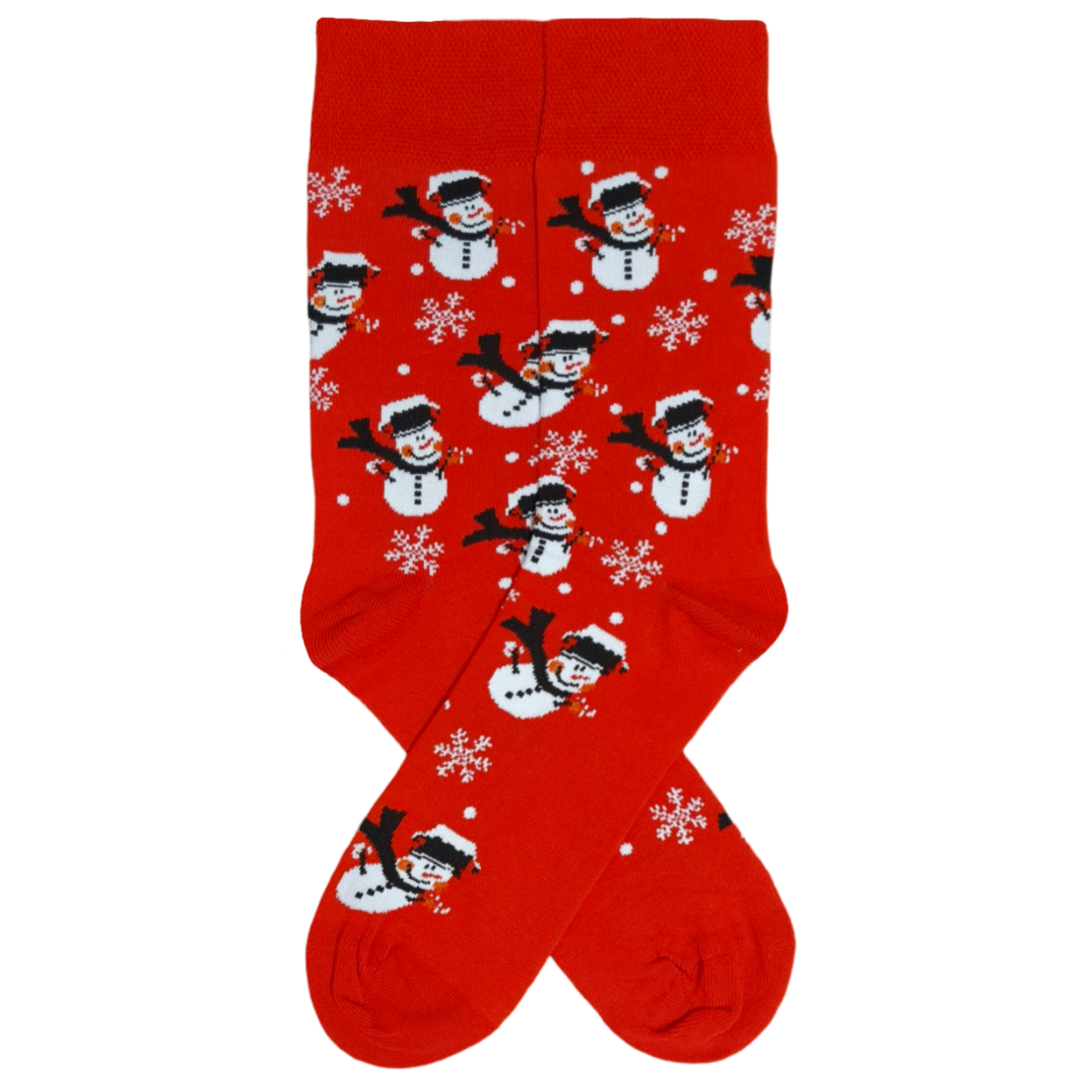 A pair of red socks with a snowman and snowflake pattern.