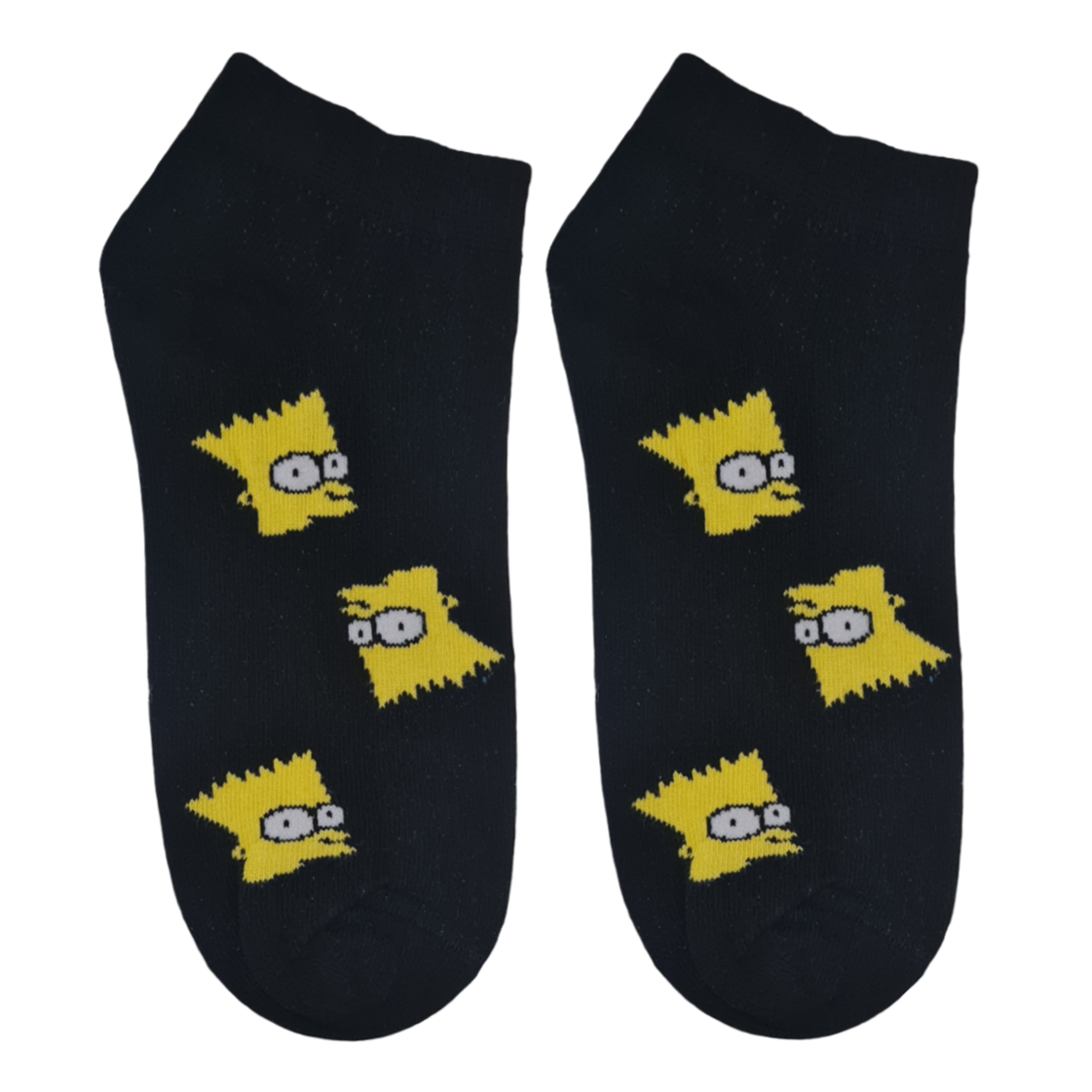 Black socks with yellow cartoon character design called Bart Simpson on a black background