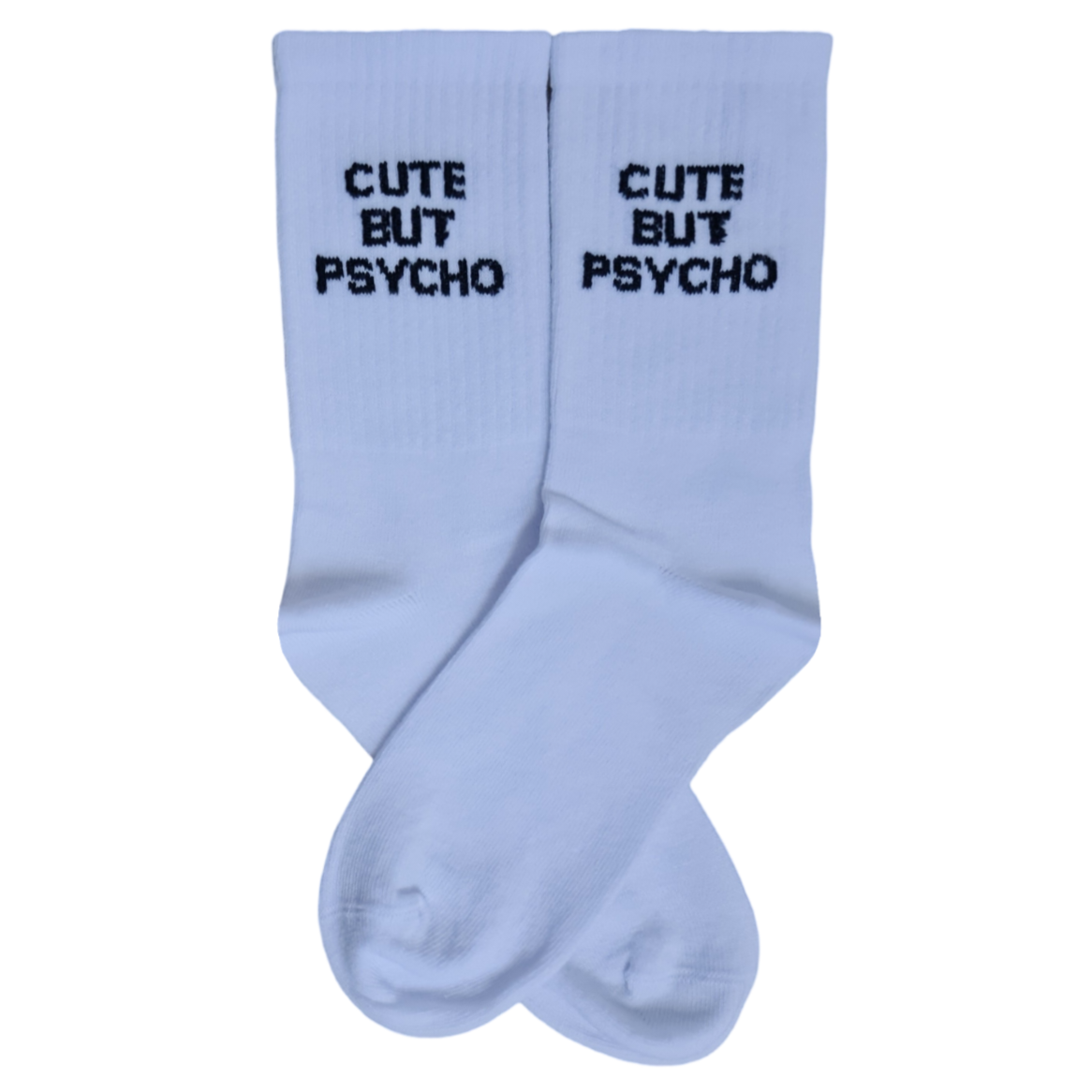 A pair of white socks with the text 'Cute but Psycho' printed in black on the side.