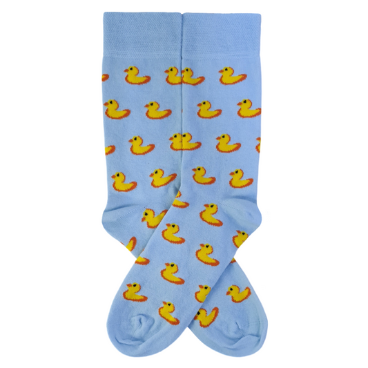 A pair of light blue socks with a pattern of yellow duck-like creatures.