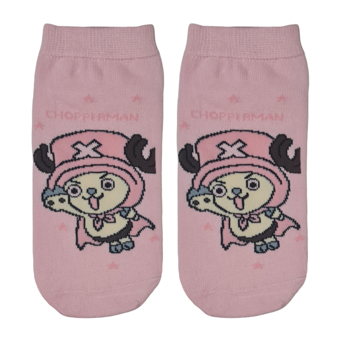 Pair of pink socks with cartoon or mangas character design called chopper man on a pink background