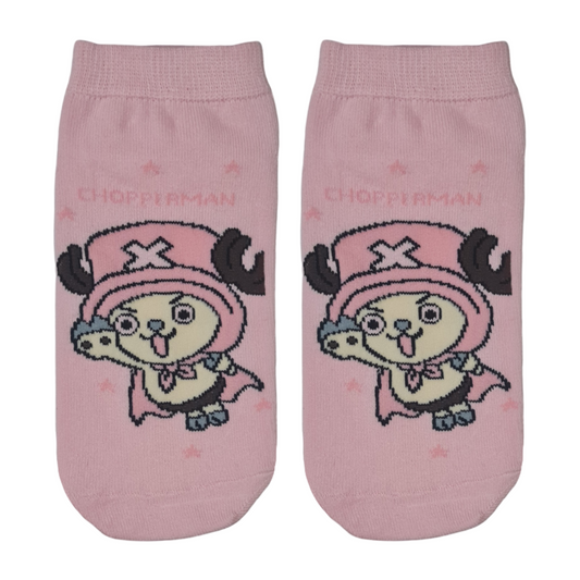 Pair of pink socks with cartoon or mangas character design called chopper man on a pink background