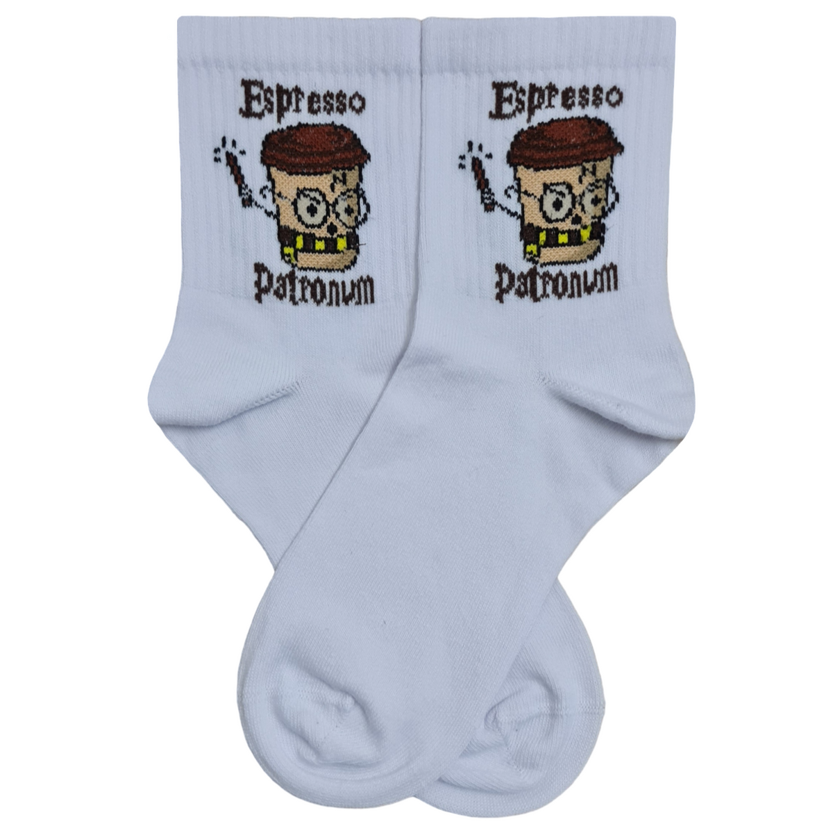 White quarter crew socks featuring a pixel art coffee cup character casting a magic spell with a wand, with the words Espresso Patronum printed around it.