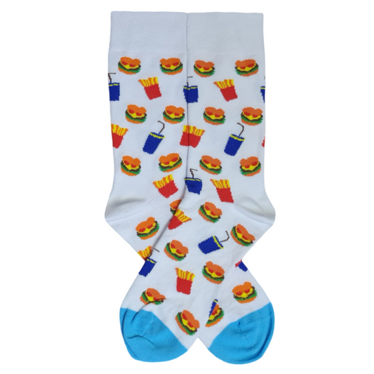 A pair of white socks with colorful fast food designs, including hamburgers and french fries.