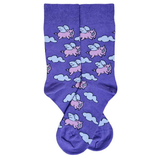 Flying Pig socks featuring a whimsical flying pig design.