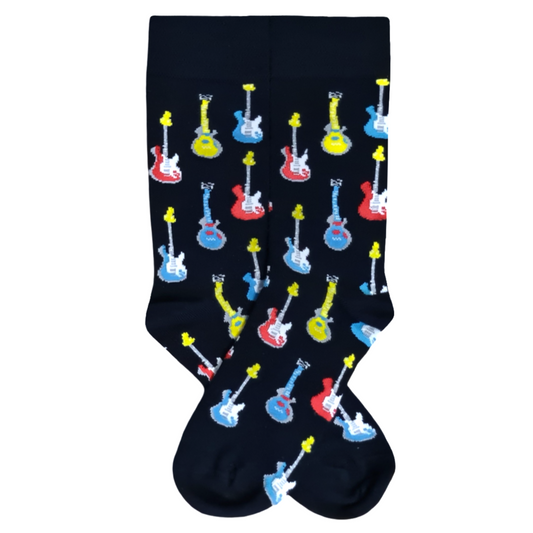A pair of navy blue socks with a colorful design featuring various guitars in different shapes and colors.