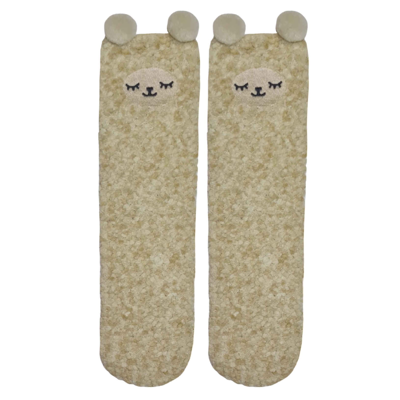 A pair of beige fluffy socks with cartoon llamfaces and ears on the top.a 