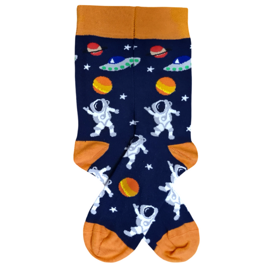 A pair of socks with astronaut and spaceship design, predominantly blue with orange heels.