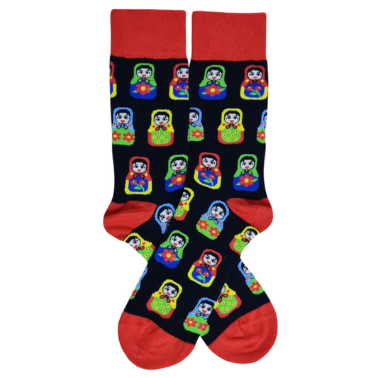 A pair of red socks with a colorful geometric pattern featuring Matryoshka doll motifs.