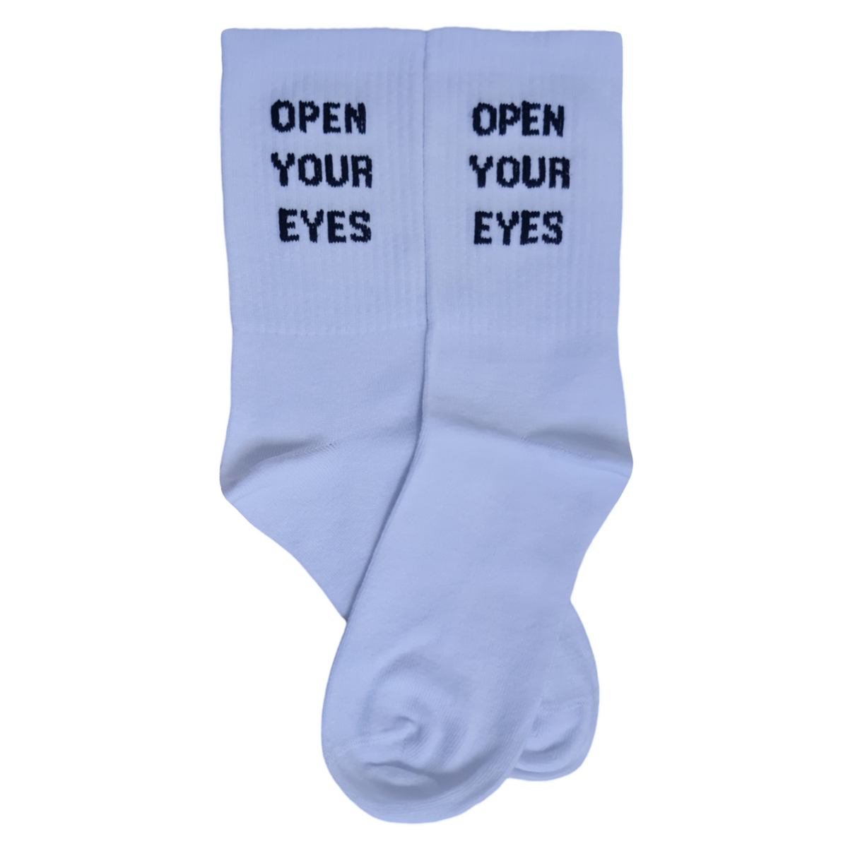OPEN YOUR EYES statement socks featuring bold text for an eye-catching, playful design.