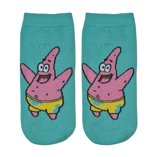 Short socks with cartoon character called Patrick Star design on a green background