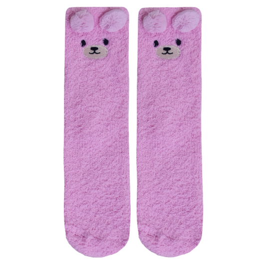 Pair of pink bunny socks with ears on a white background