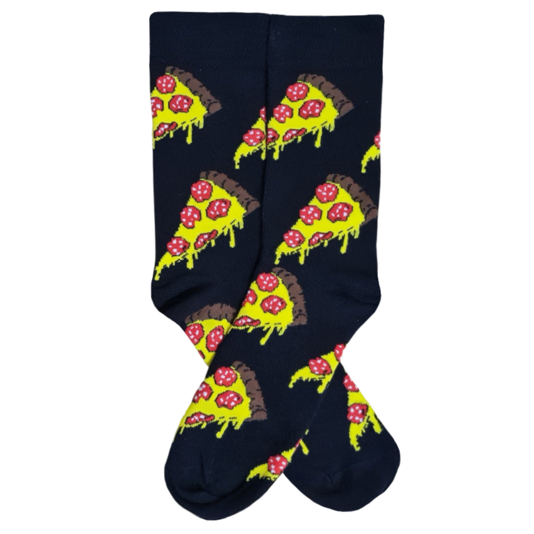 A pair of black socks with a pattern of pizza slices and toppings.