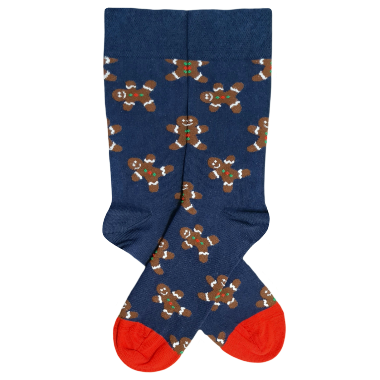 Blue socks with gingerbread man pattern and red toes on a white background