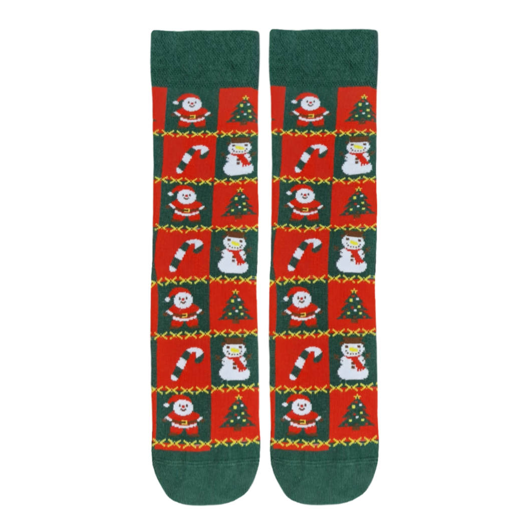 Pair of Christmas-themed socks with Santa Claus, snowmen, and trees on a green background.