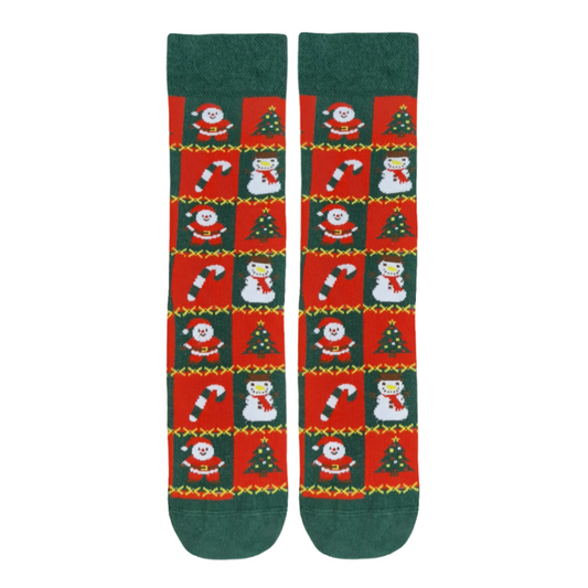 Pair of Christmas-themed socks with Santa Claus, snowmen, and trees on a green background.
