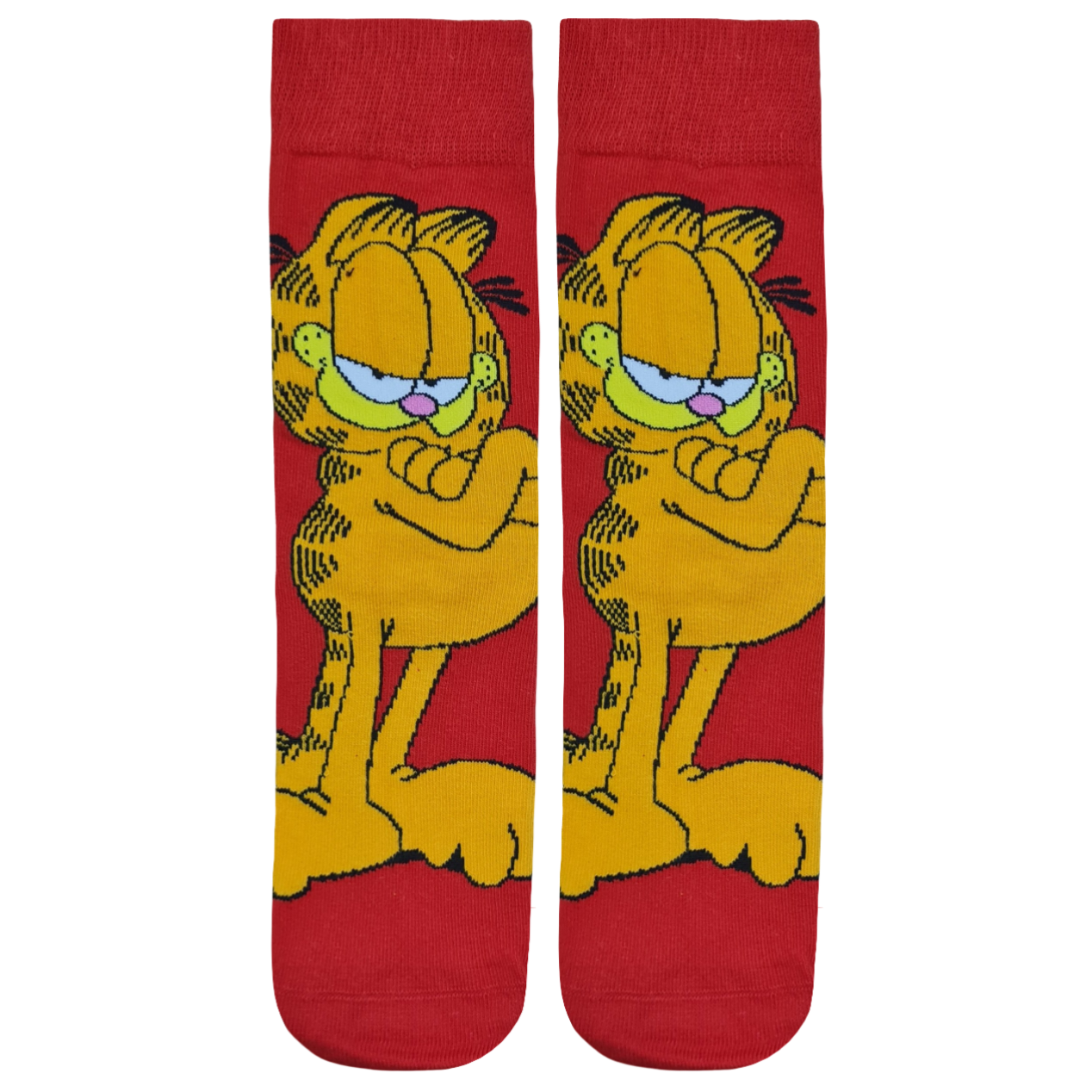 Pair of vibrant red crew socks featuring a large, classic Garfield the cat graphic with a grumpy expression, displayed on a plain white background.
