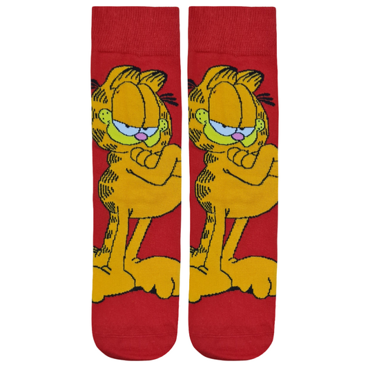 Pair of vibrant red crew socks featuring a large, classic Garfield the cat graphic with a grumpy expression, displayed on a plain white background.
