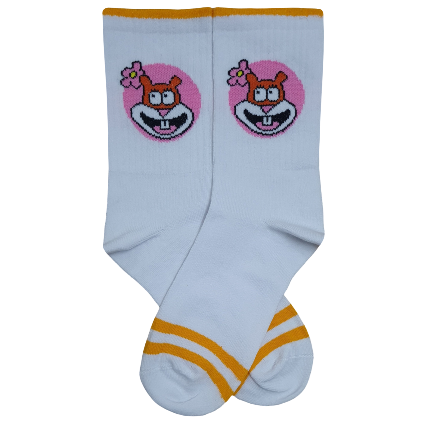 White socks with Sandy Cheeks cartoon character design and yellow accents on a white background