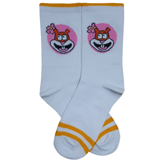 White socks with Sandy Cheeks cartoon character design and yellow accents on a white background