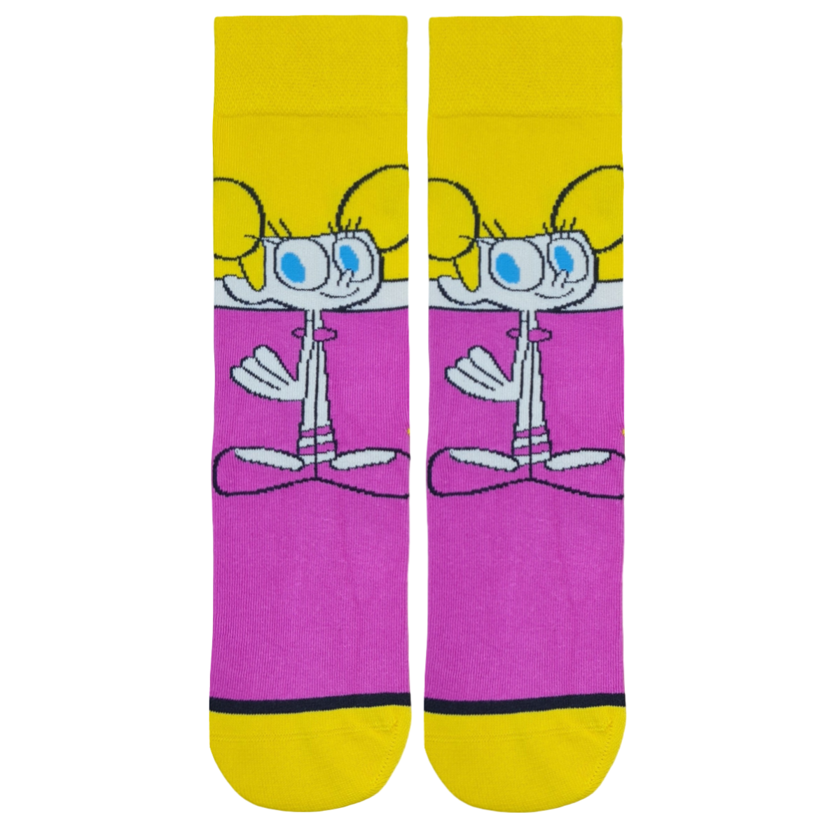 Pair of crew socks featuring Dee Dee from Dexter's Laboratory on a pink background with yellow toes and cuffs, displayed on a plain white background.
