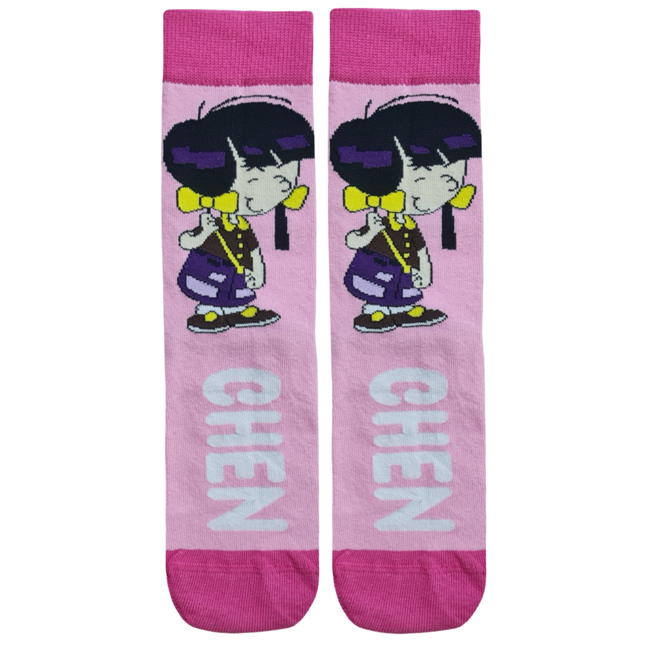 Pink mid-calf crew socks featuring a printed graphic of the cartoon character Chen from the Cédric comic series, with "CHEN" text printed vertically beneath the character.