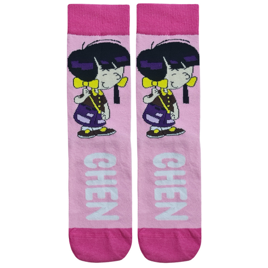 Pink mid-calf crew socks featuring a printed graphic of the cartoon character Chen from the Cédric comic series, with "CHEN" text printed vertically beneath the character.