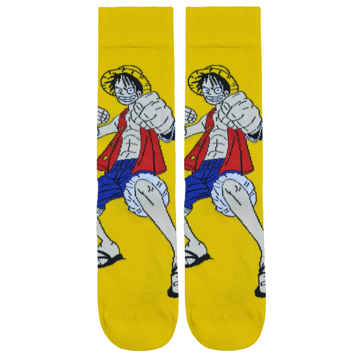 Bright yellow crew socks featuring an anime graphic design of Monkey D. Luffy from One Piece throwing a punch.