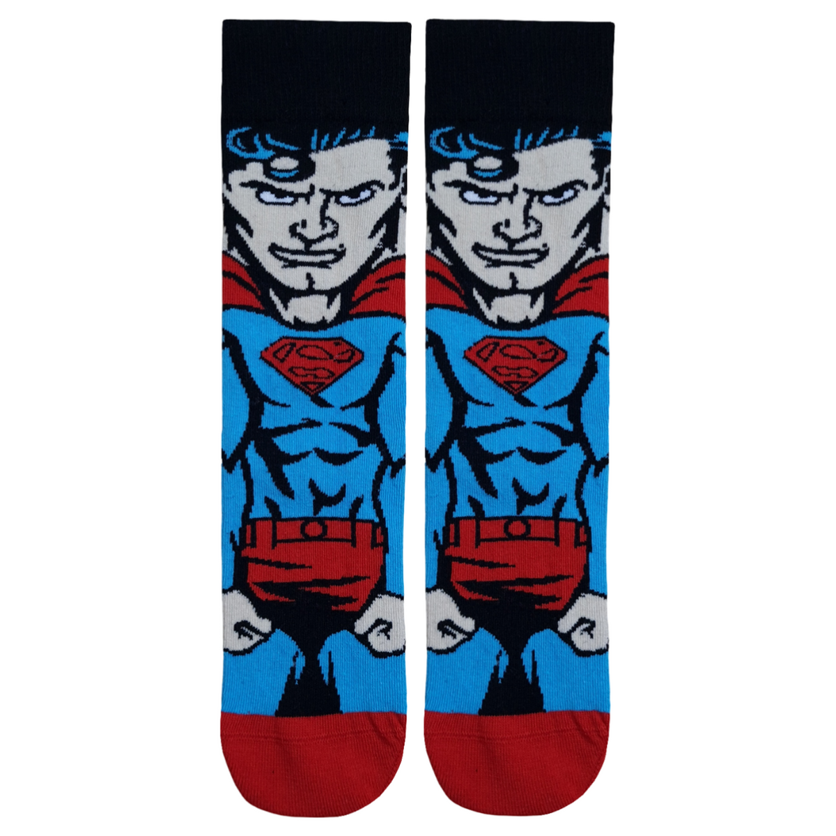 Superman graphic crew socks featuring a full-body comic book illustration of Superman in his classic blue suit, red cape, and chest emblem against a black background.