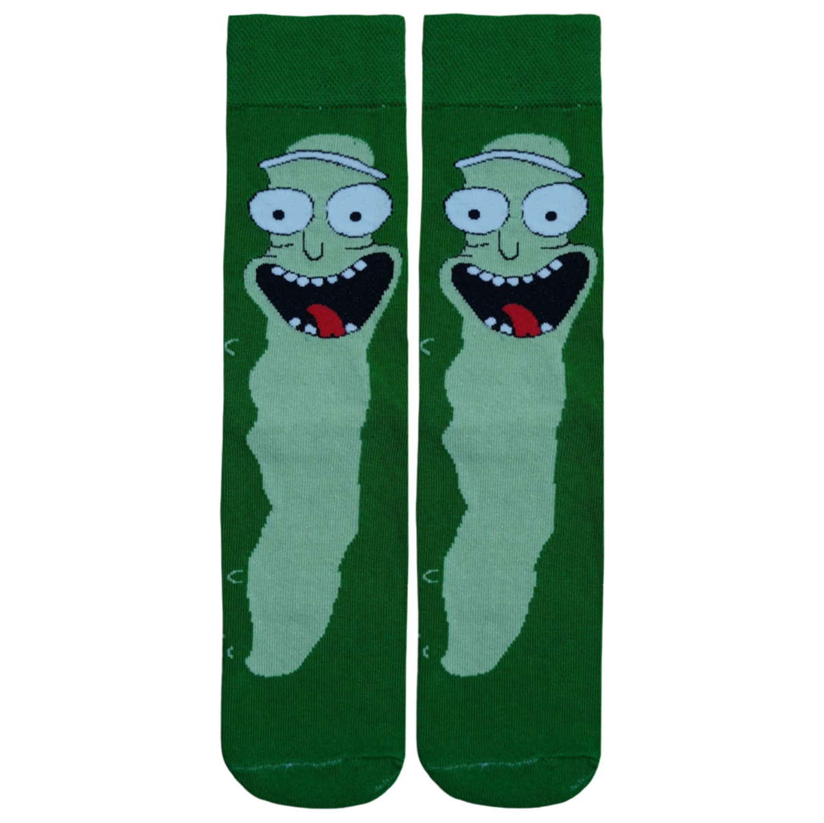 Pair of green crew socks featuring a large knitted print of Pickle Rick from Rick and Morty with a wide open mouth laughing animation.