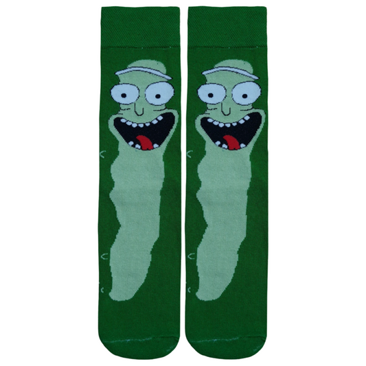 Pair of green crew socks featuring a large knitted print of Pickle Rick from Rick and Morty with a wide open mouth laughing animation.