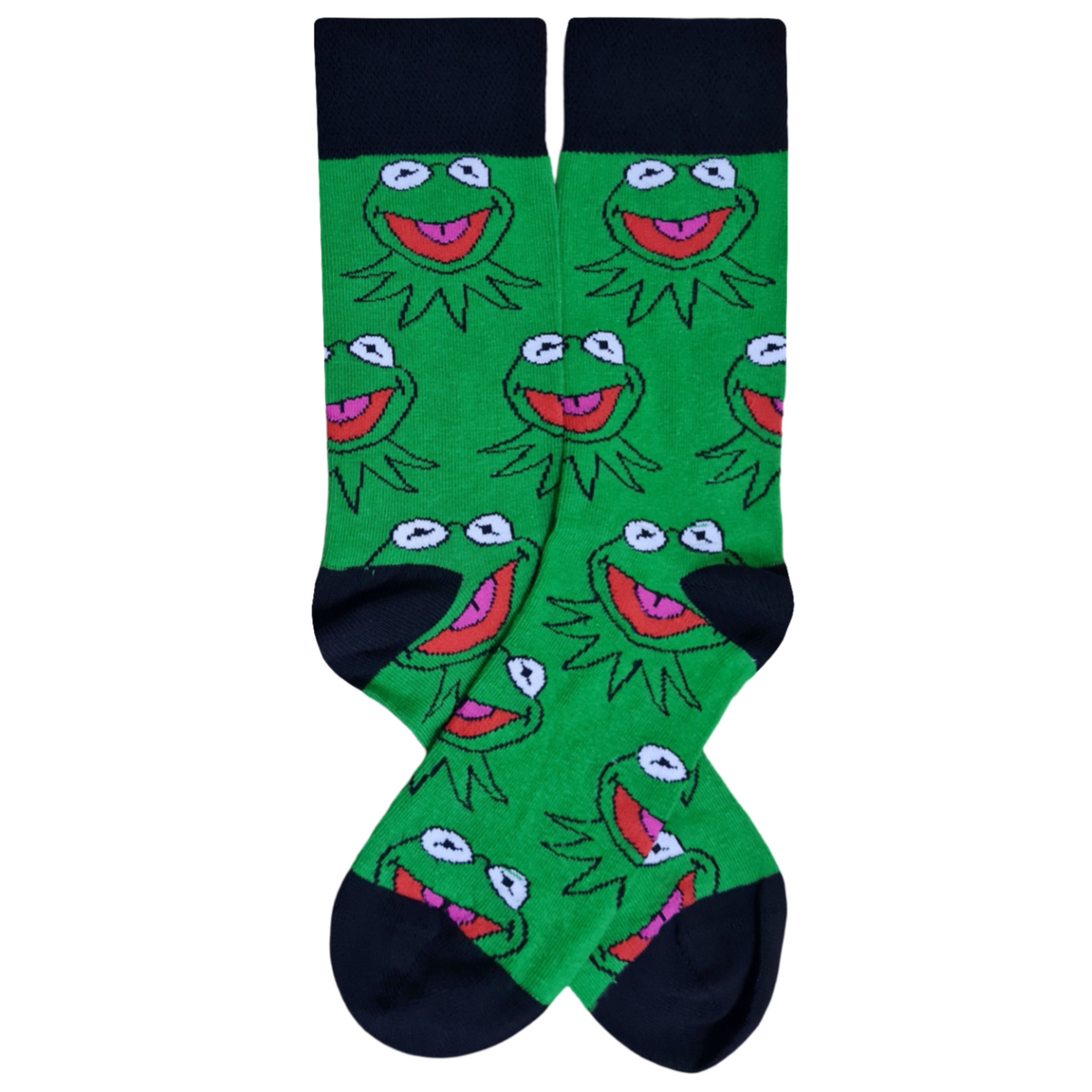 A pair of green crew socks featuring a repeating pattern of Kermit the Frog faces, with dark navy cuffs, heels, and toes, displayed against a plain white background.