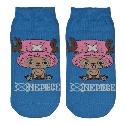 Blue socks with a cartoon character Chopper Man from 'One Piece' anime branding on a blue background