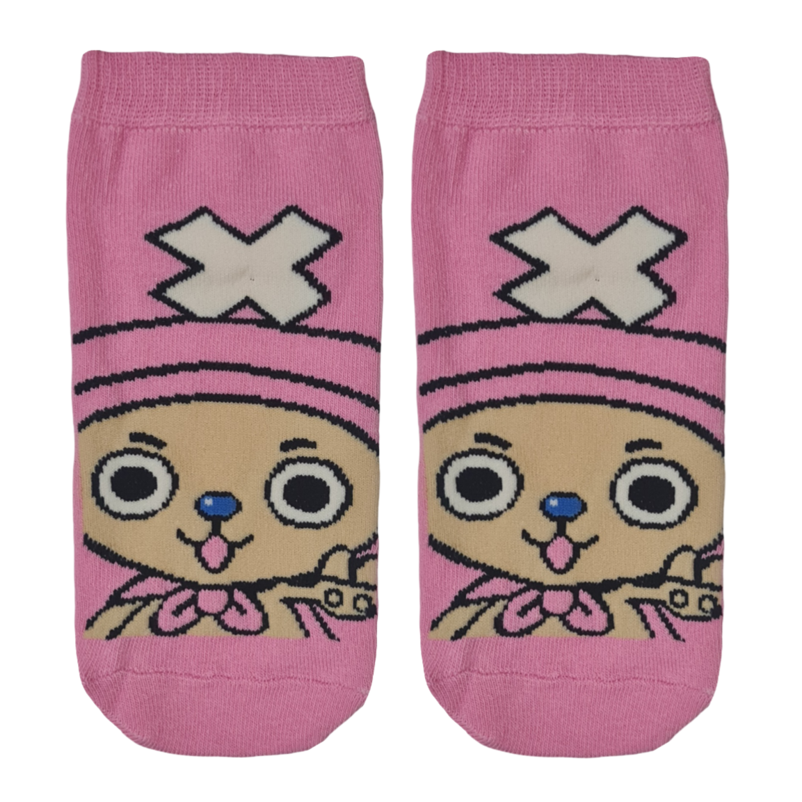 Pink socks with cartoon character Chopper Man design from one piece anime on a pink background