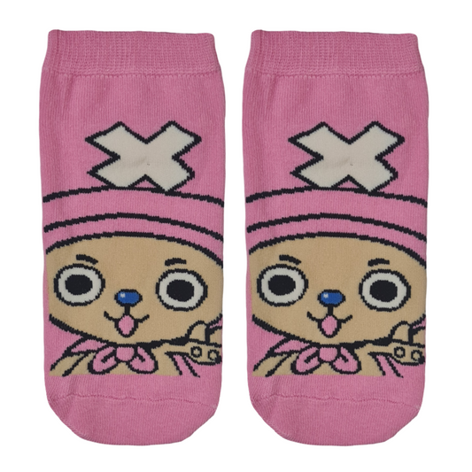 Pink socks with cartoon character Chopper Man design from one piece anime on a pink background