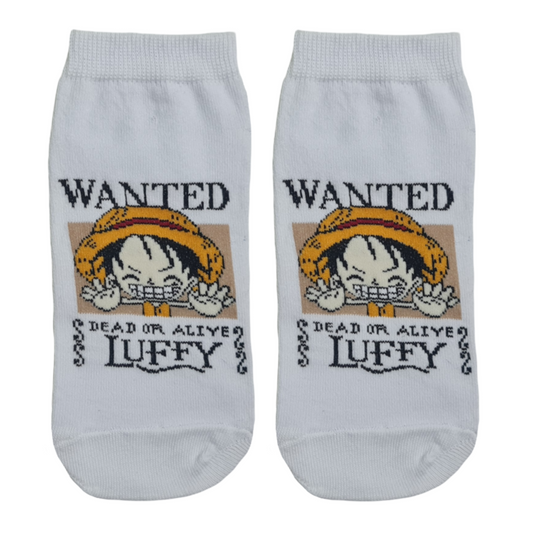 White socks with a 'Wanted' design featuring a character's face 'Luffy' and text on a white background.