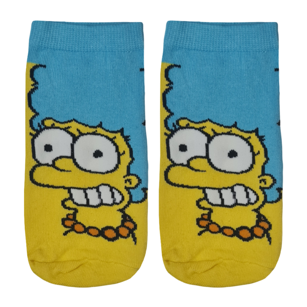 Pair of socks with a cartoon character 'Marge Simpson' design on a yellow and blue background