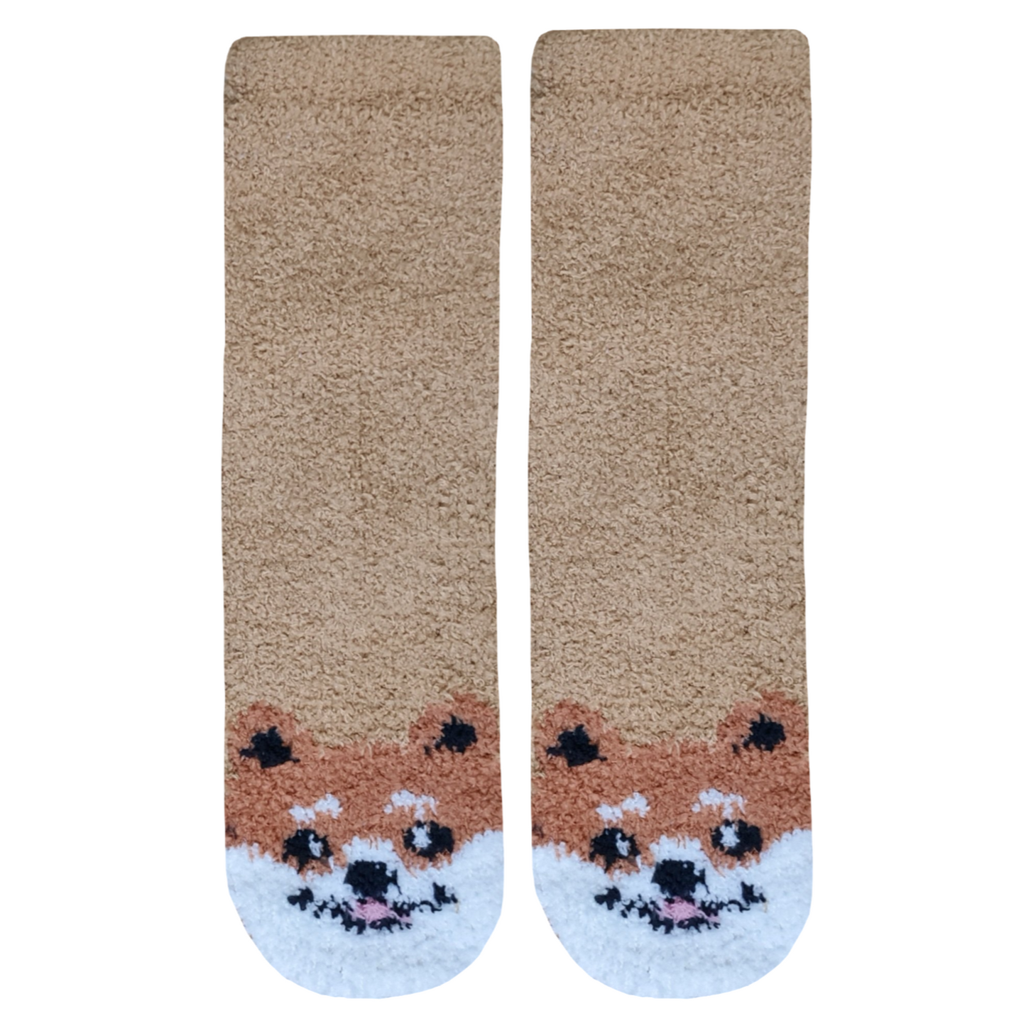 Pair of socks with a fox face design on a brown background