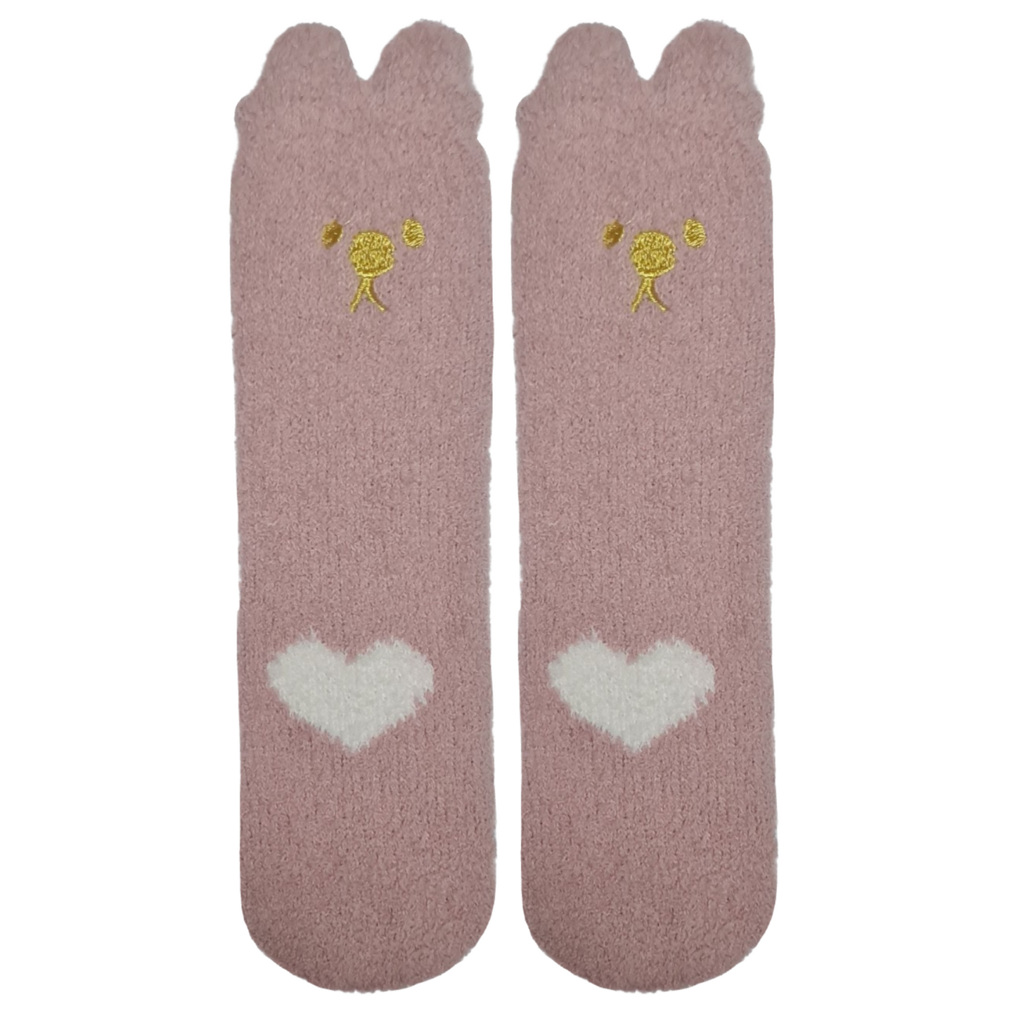 Pair of pink socks with heart designs on a white background