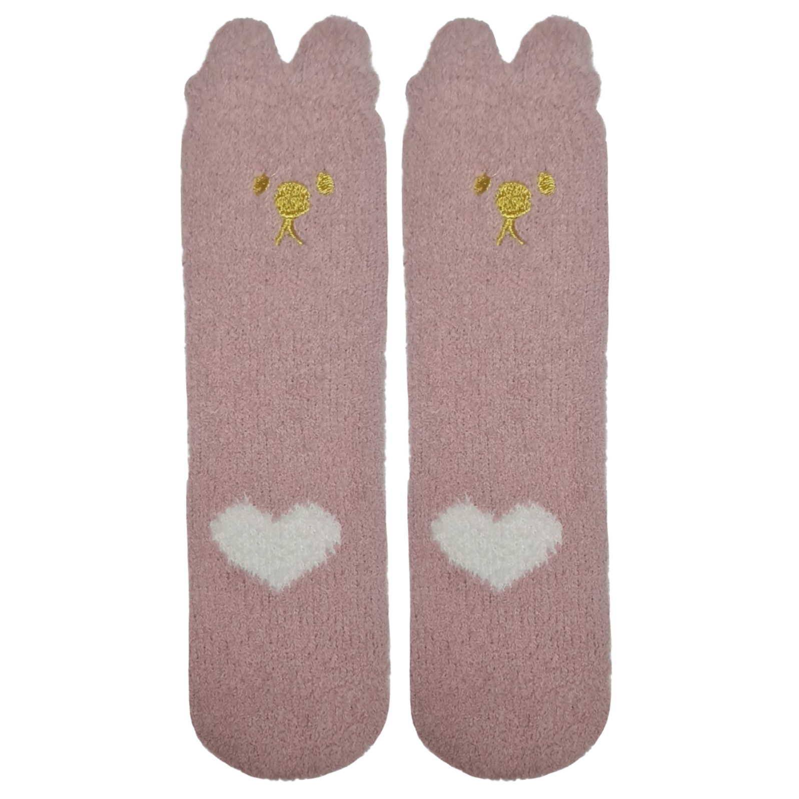 Pair of pink socks with heart designs on a white background