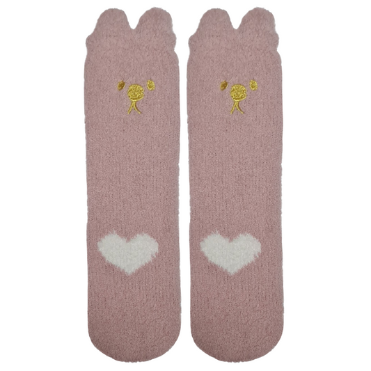 Pair of pink socks with heart designs on a white background