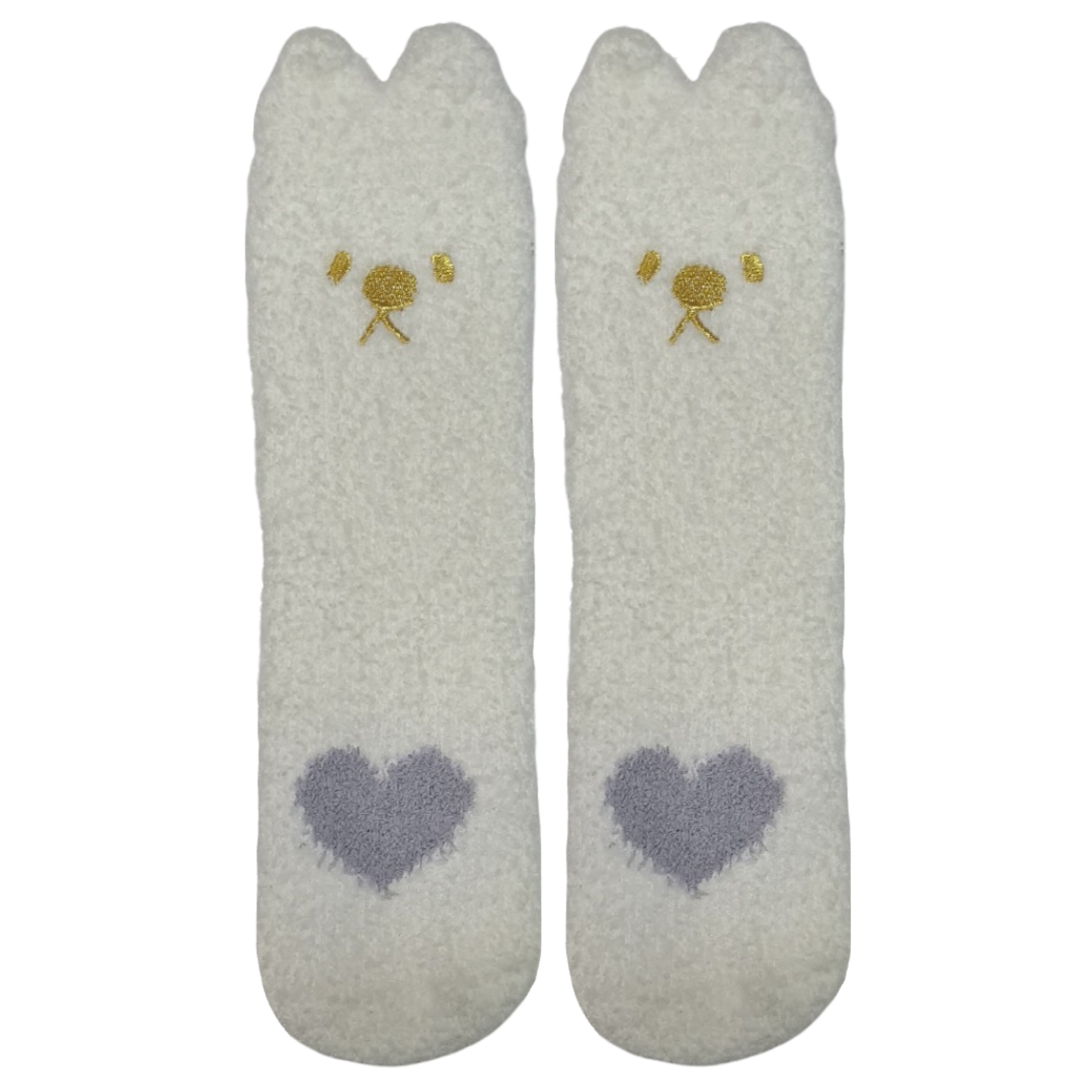 Pair of light gray socks with heart designs on a white background