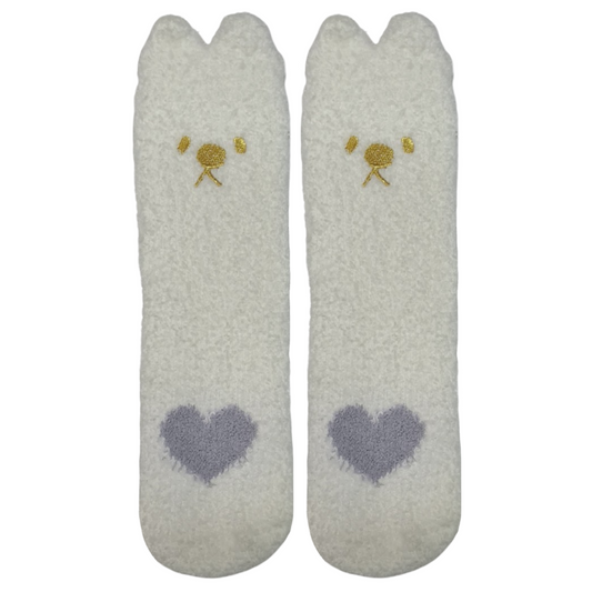 Pair of light gray socks with heart designs on a white background