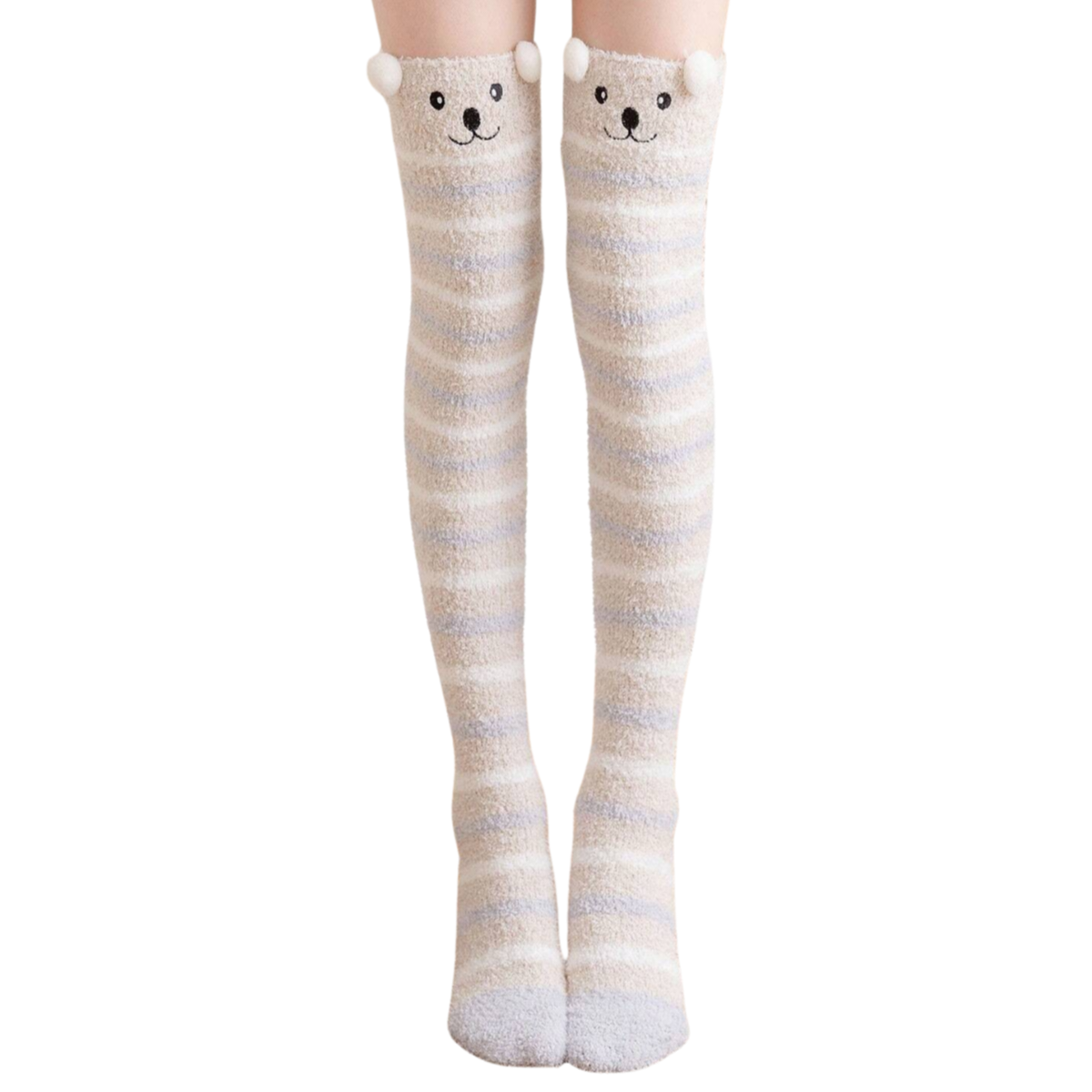 Striped knee-high socks with bear face design worn by a person on a white background