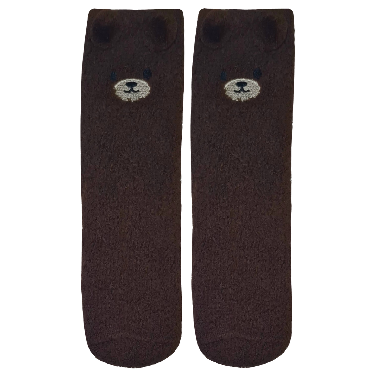 Pair of dark brown socks with bear face design on a white background